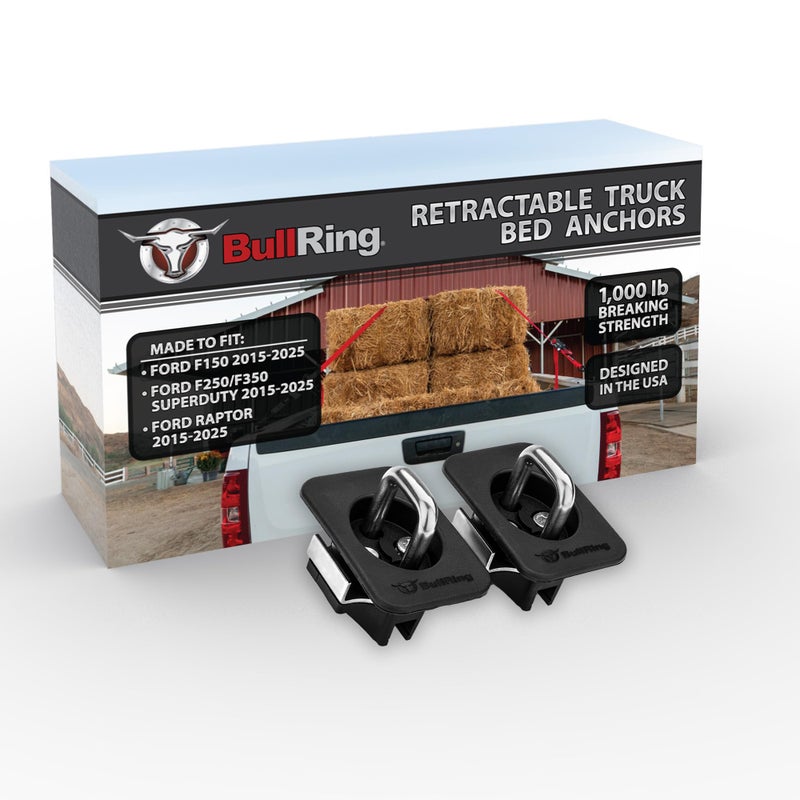 Bull Ring Offset Flush Fit Retractable Truck Bed Tie Downs for '15-'25 Ford F150, '17-'25 F250 & F350 Super Duty, '17-'25 Ford Raptor (Offset for Front, Middle & Rear Stake Pockets) (1 Pair) - Image 1